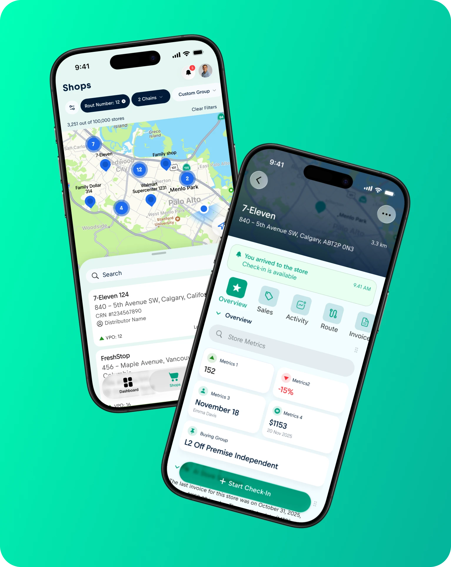Shops map and store card screens of the FMCG field app