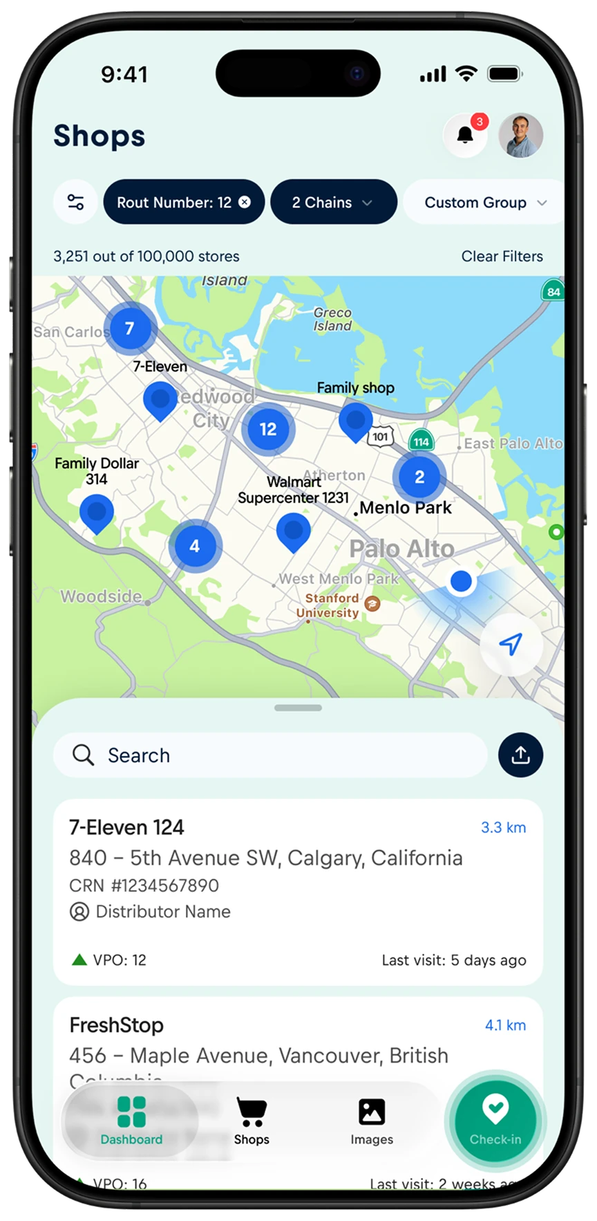 Shops screen with the floating check-in button next to the tab bar