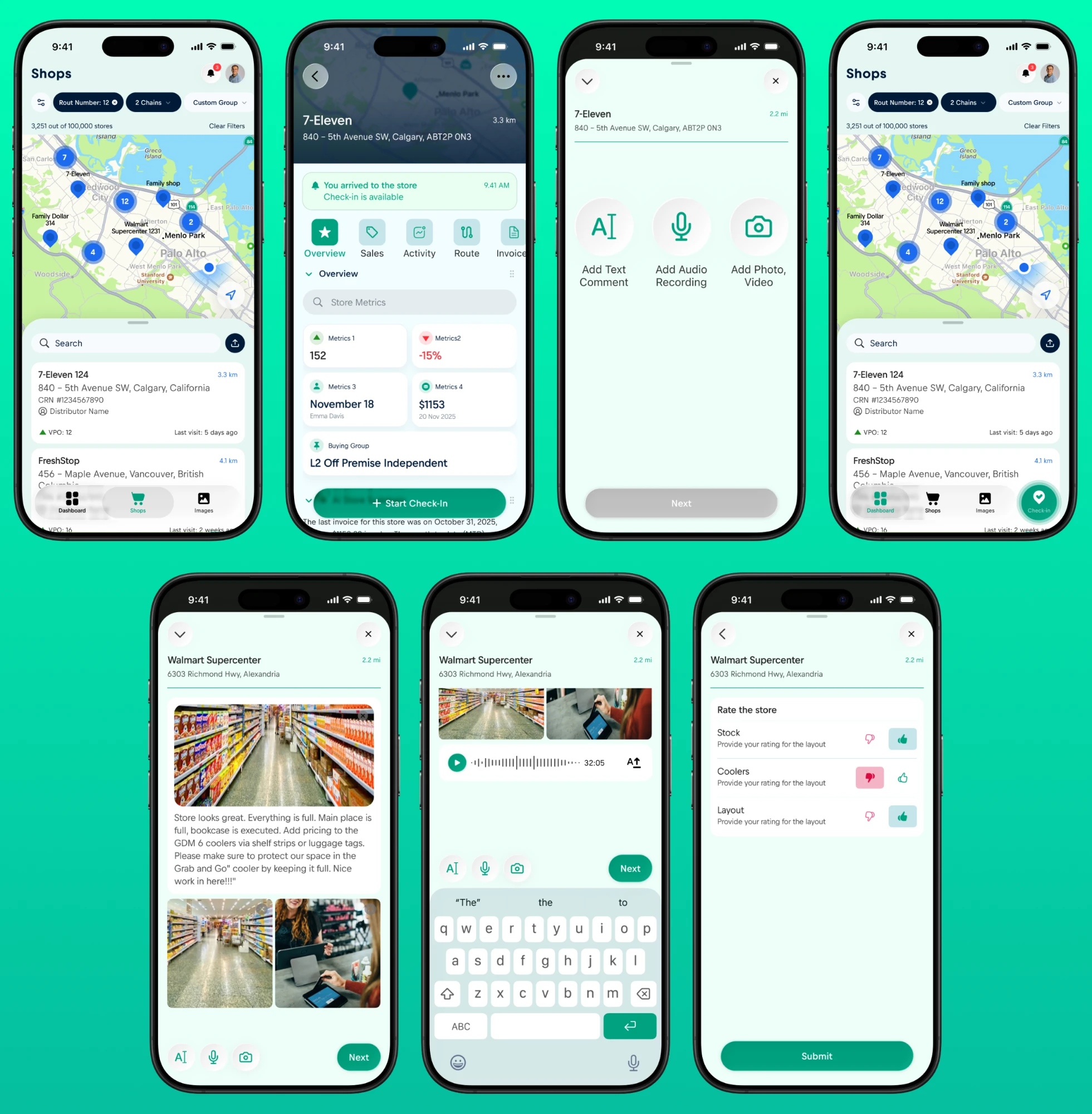 Seven screens of the final check-in flow from store search to rating