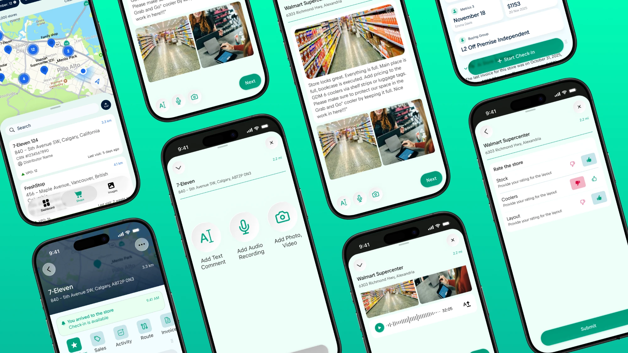 Overview of the app screens: store map, check-in formats, notes with photos, and store rating