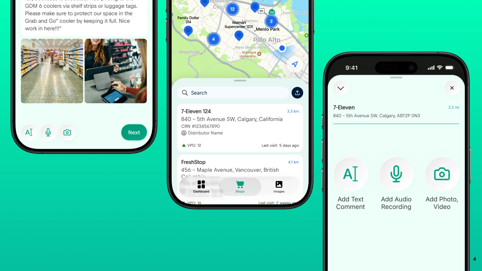 Check-in note, shops map with glass tab bar, and format selection screens