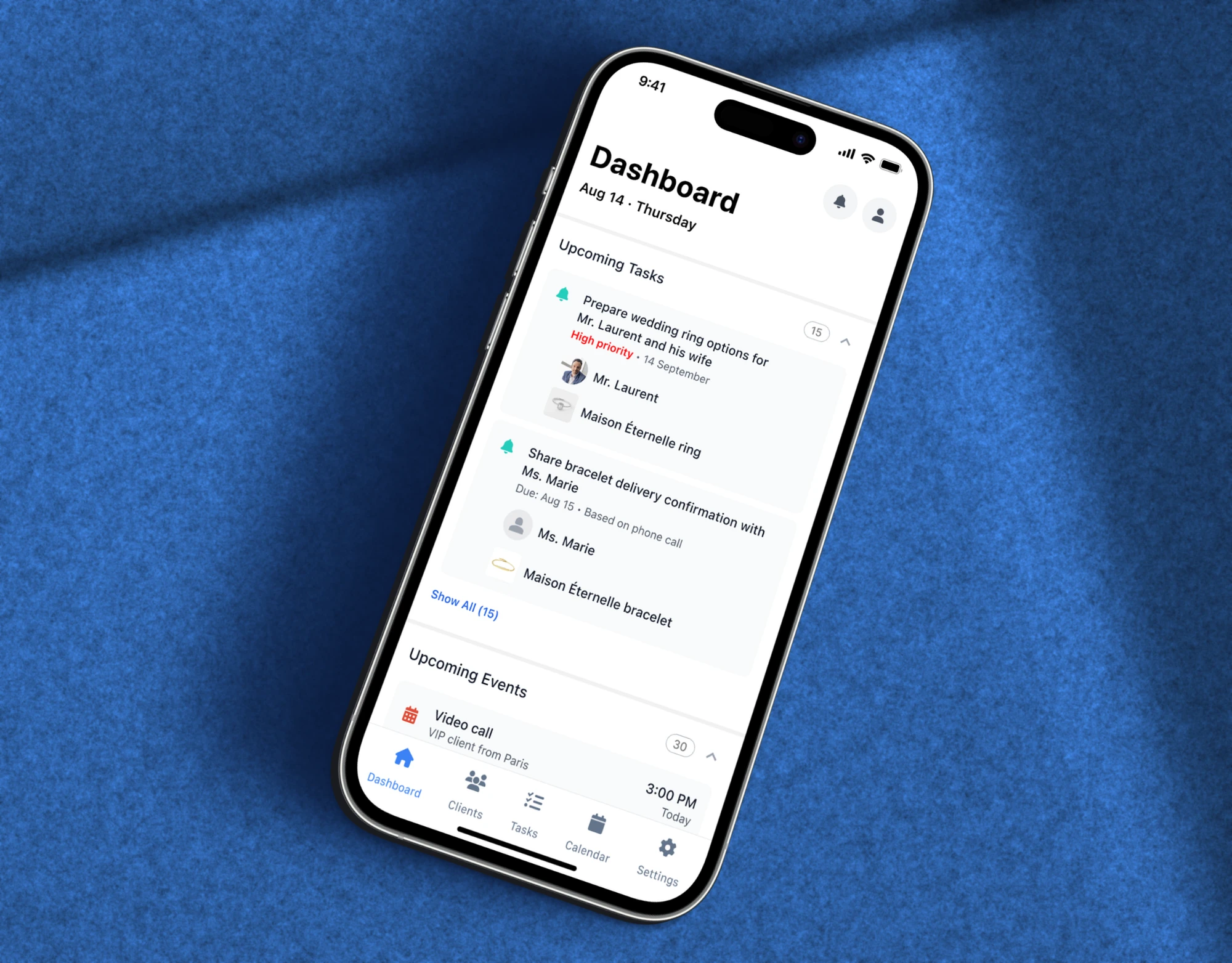 Sales associate app dashboard with upcoming tasks and events