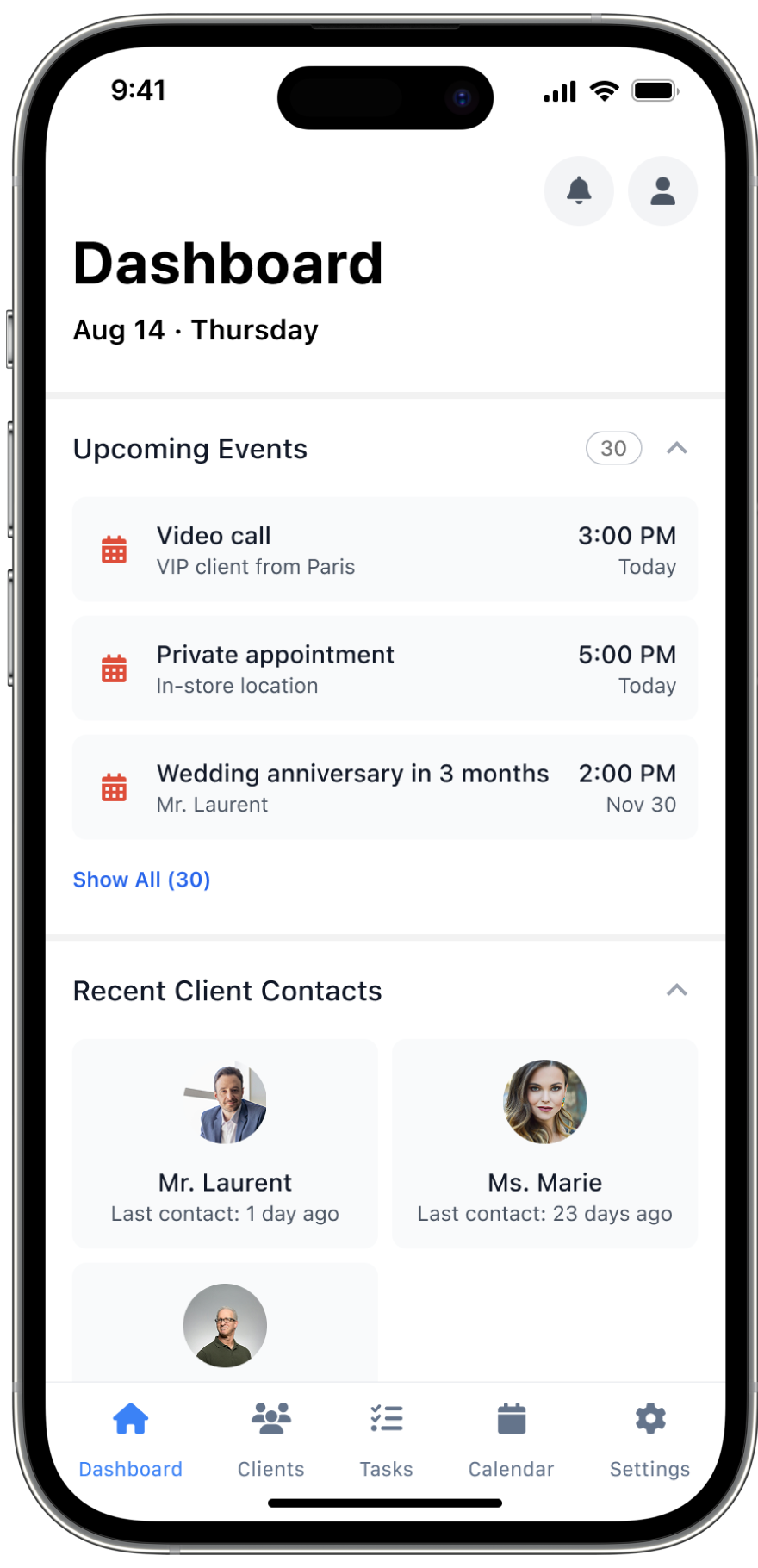 Dashboard: events and recent client contacts
