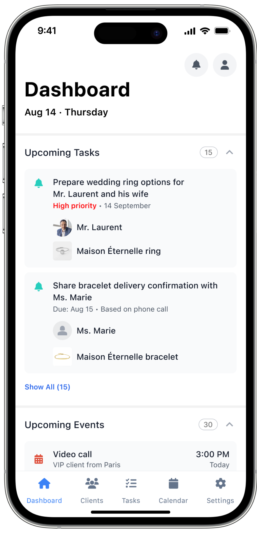 Dashboard: upcoming tasks and events