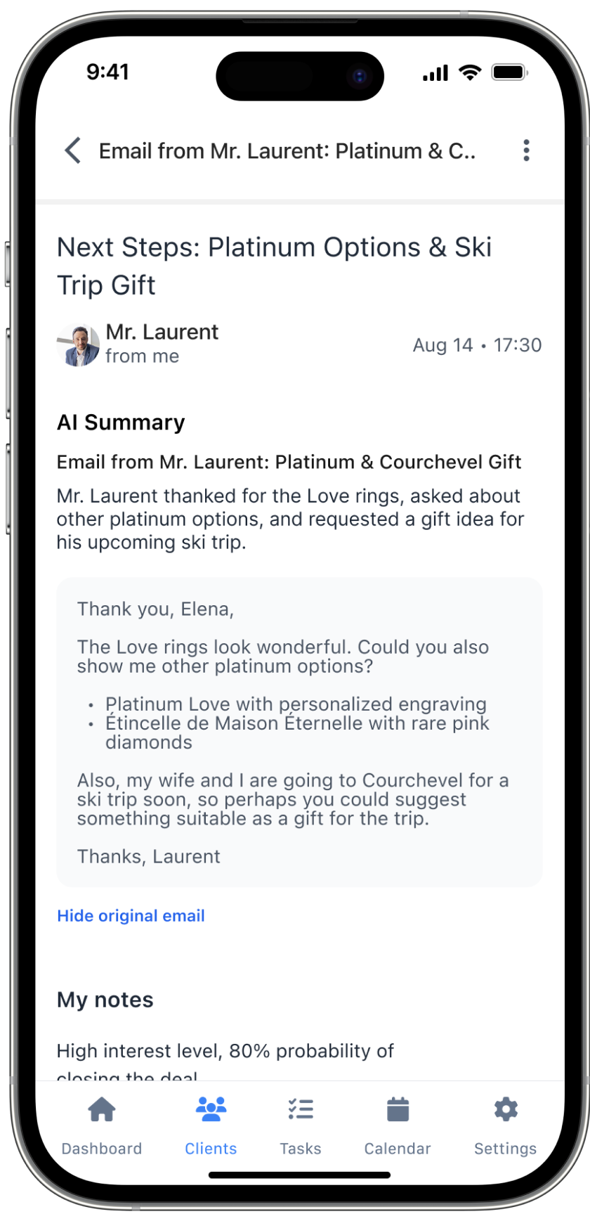 AI summary of a client email