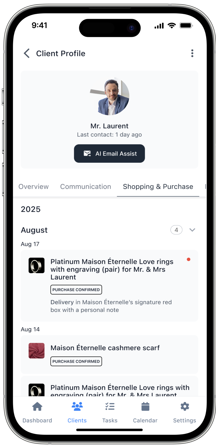 Client profile, Shopping and Purchase tab