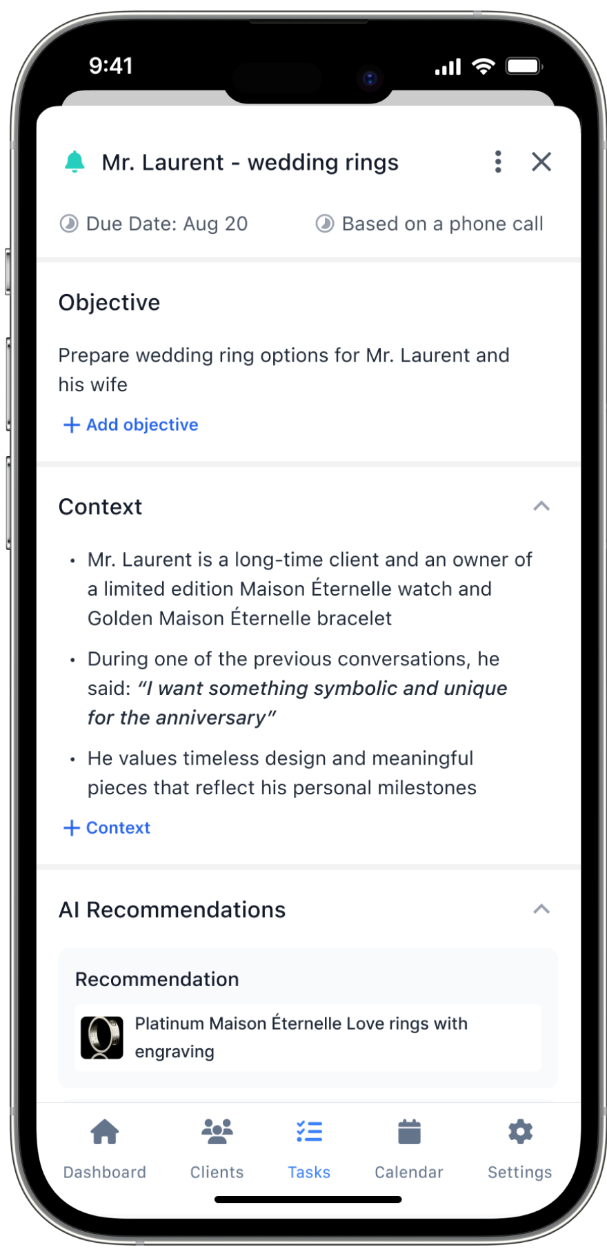 Task card with context and AI recommendation